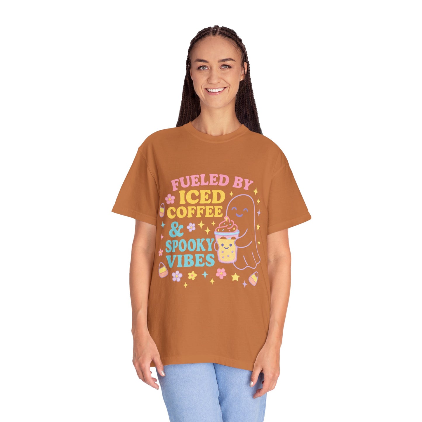 Iced Coffee & Spooky Vibes Comfort Colors T-shirt | Unisex Garment-Dyed Top, Cute Halloween Tee, Coffee Lover Gift, Fall Apparel, Casual Wear