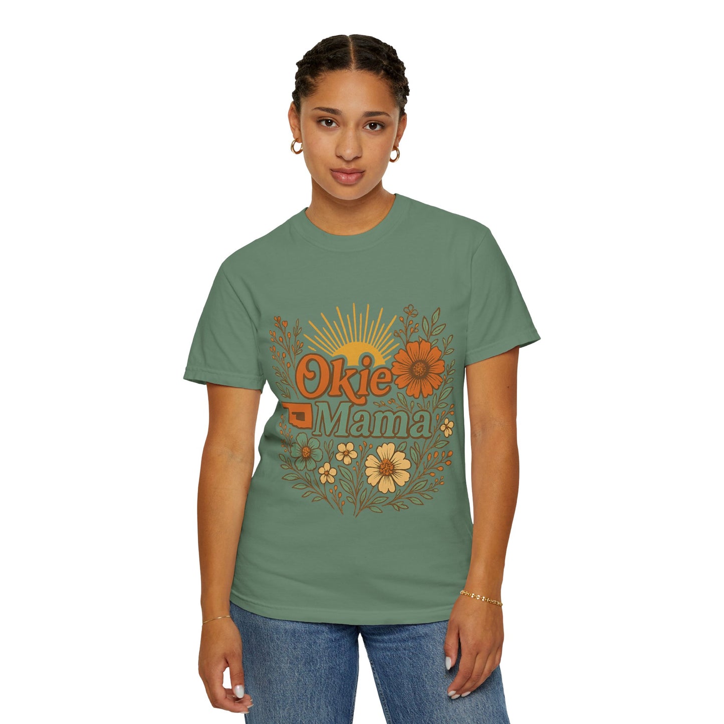 Okie Mama Garment-Dyed T-Shirt, Gift for Moms, Casual Wear, Summer Top, Mother’s Day Gift, Floral Design