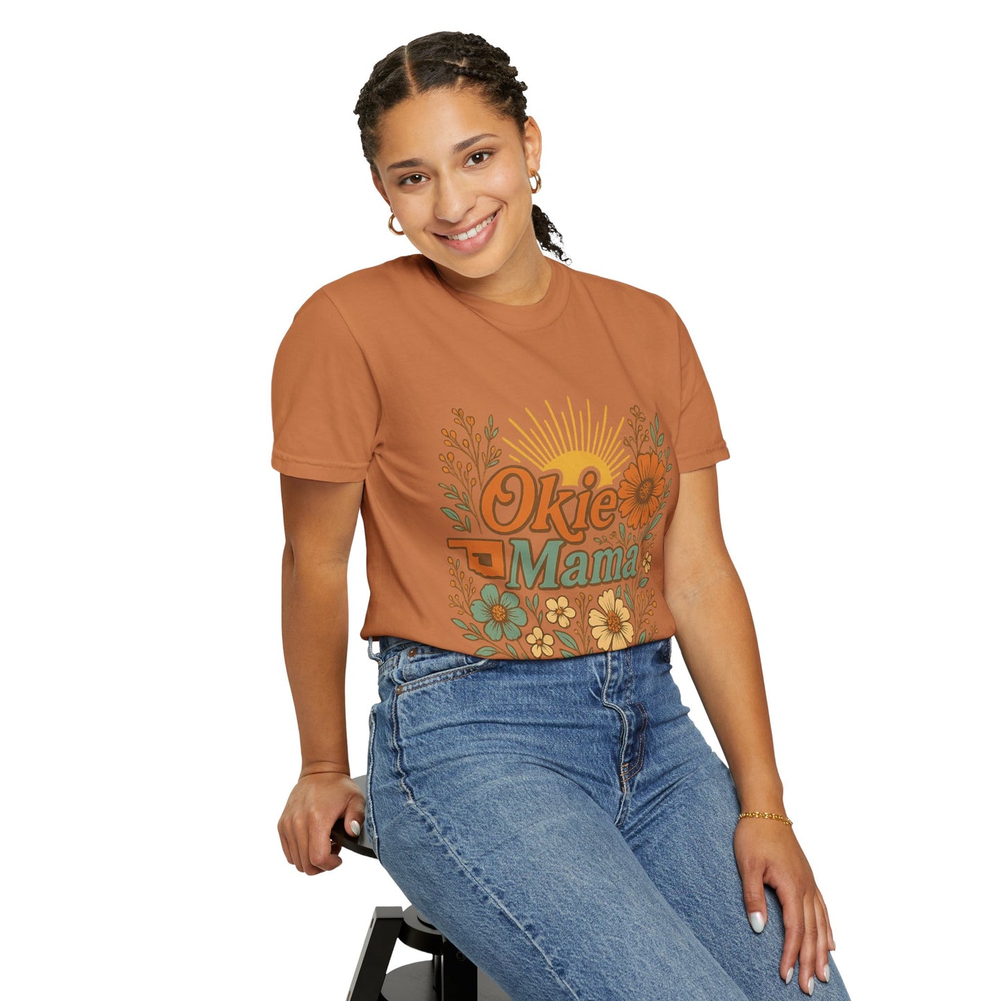 Okie Mama Garment-Dyed T-Shirt, Gift for Moms, Casual Wear, Summer Top, Mother’s Day Gift, Floral Design