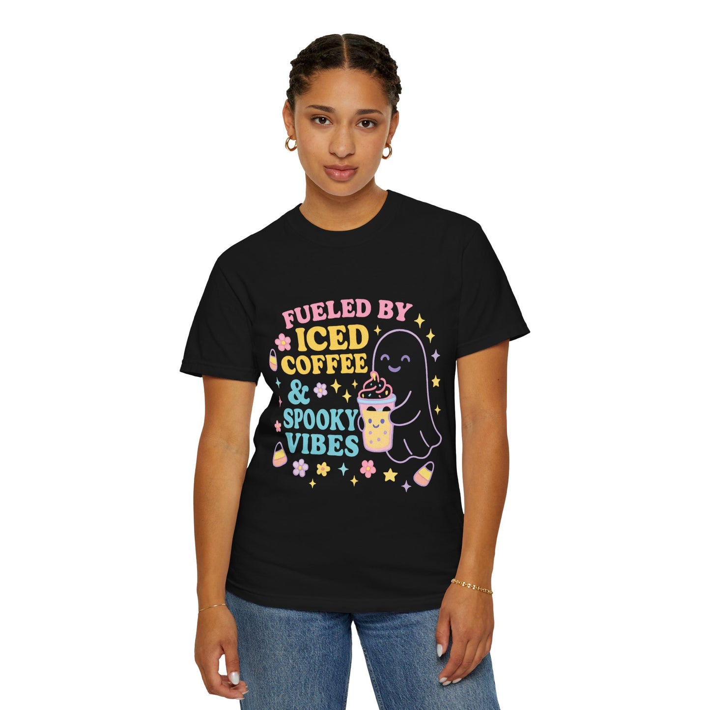 Iced Coffee & Spooky Vibes Comfort Colors T-shirt | Unisex Garment-Dyed Top, Cute Halloween Tee, Coffee Lover Gift, Fall Apparel, Casual Wear