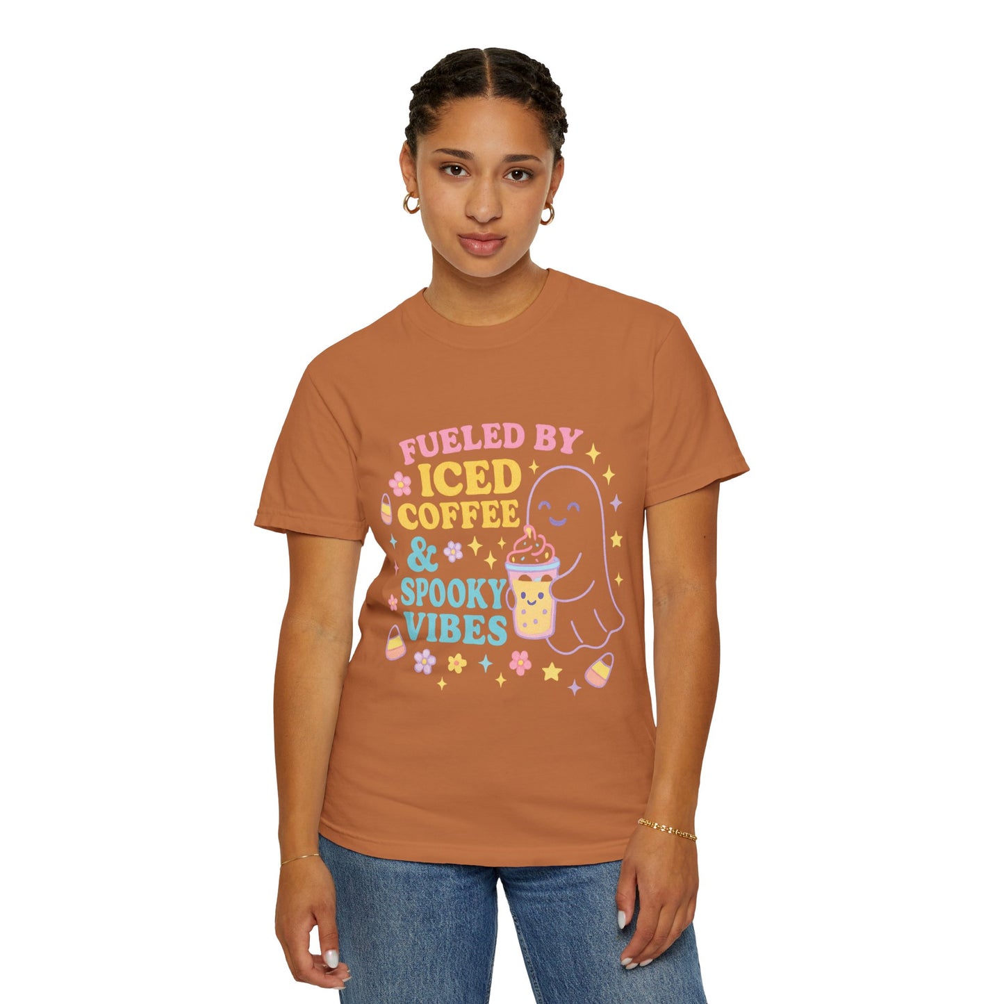 Iced Coffee & Spooky Vibes Comfort Colors T-shirt | Unisex Garment-Dyed Top, Cute Halloween Tee, Coffee Lover Gift, Fall Apparel, Casual Wear