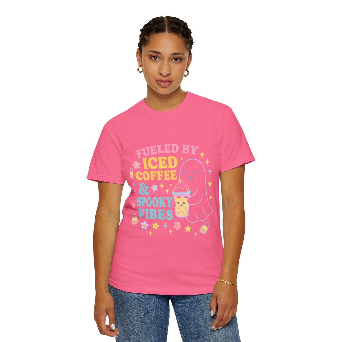 Iced Coffee & Spooky Vibes Comfort Colors T-shirt | Unisex Garment-Dyed Top, Cute Halloween Tee, Coffee Lover Gift, Fall Apparel, Casual Wear