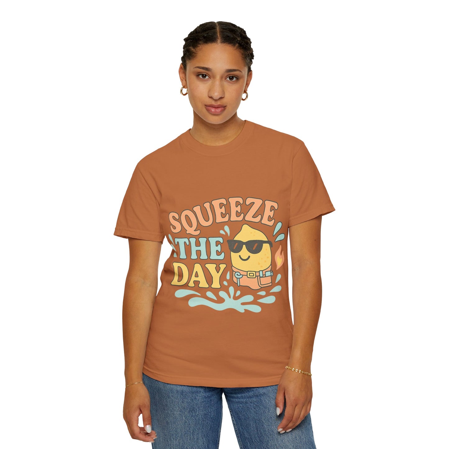 Squeeze The Day Unisex Garment-Dyed T-shirt, Funny Summer Shirt, Beachwear, Gift for Citrus Lovers, Cute Graphic Tee