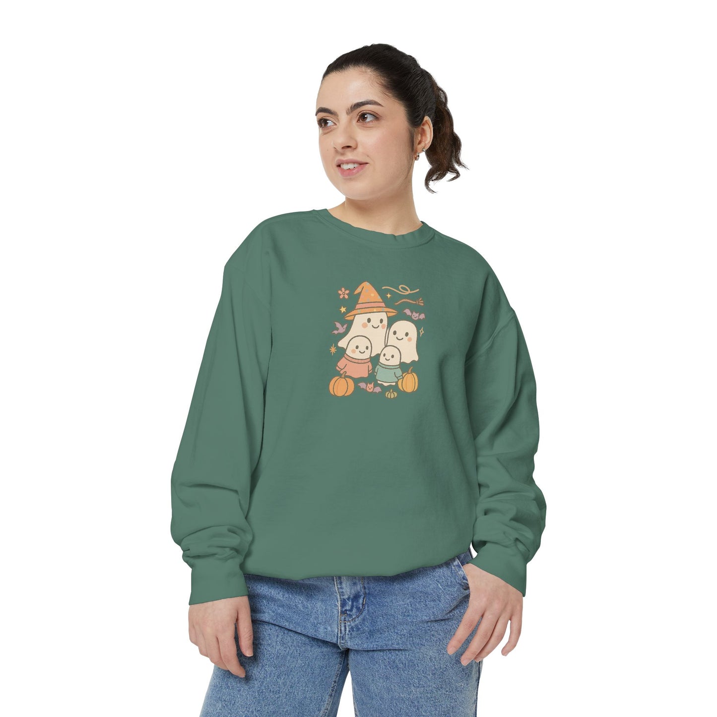 Cute Ghost Family Comfort Colors Sweatshirt - Cute Ghosts & Pumpkins, Cozy Fall Apparel, Unisex Sweatshirt for Halloween Parties, Gifts, Seasonal Fashion
