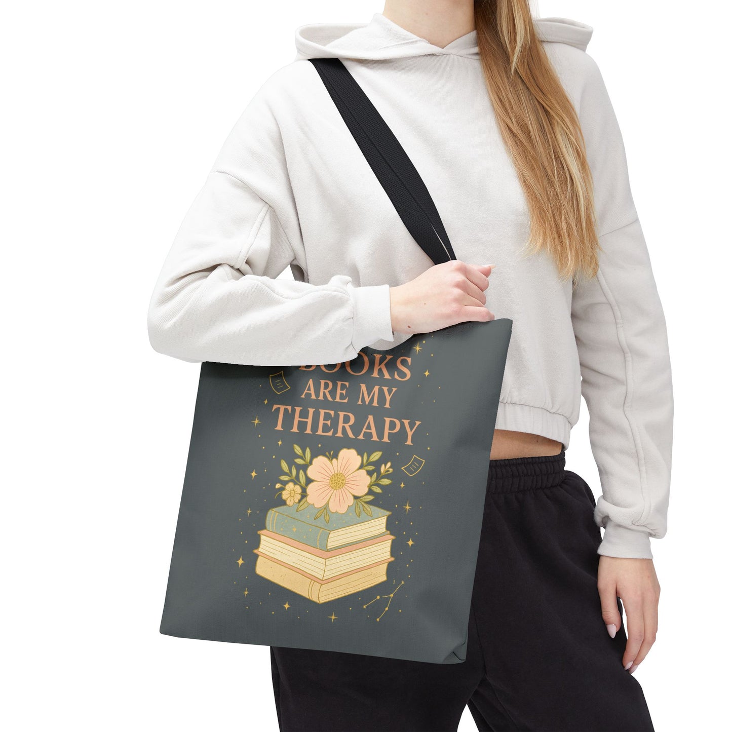 Books Are My Therapy Tote Bag | Book Lover Gift, Literary Tote, Reading Accessory, Floral Design, AOP Tote