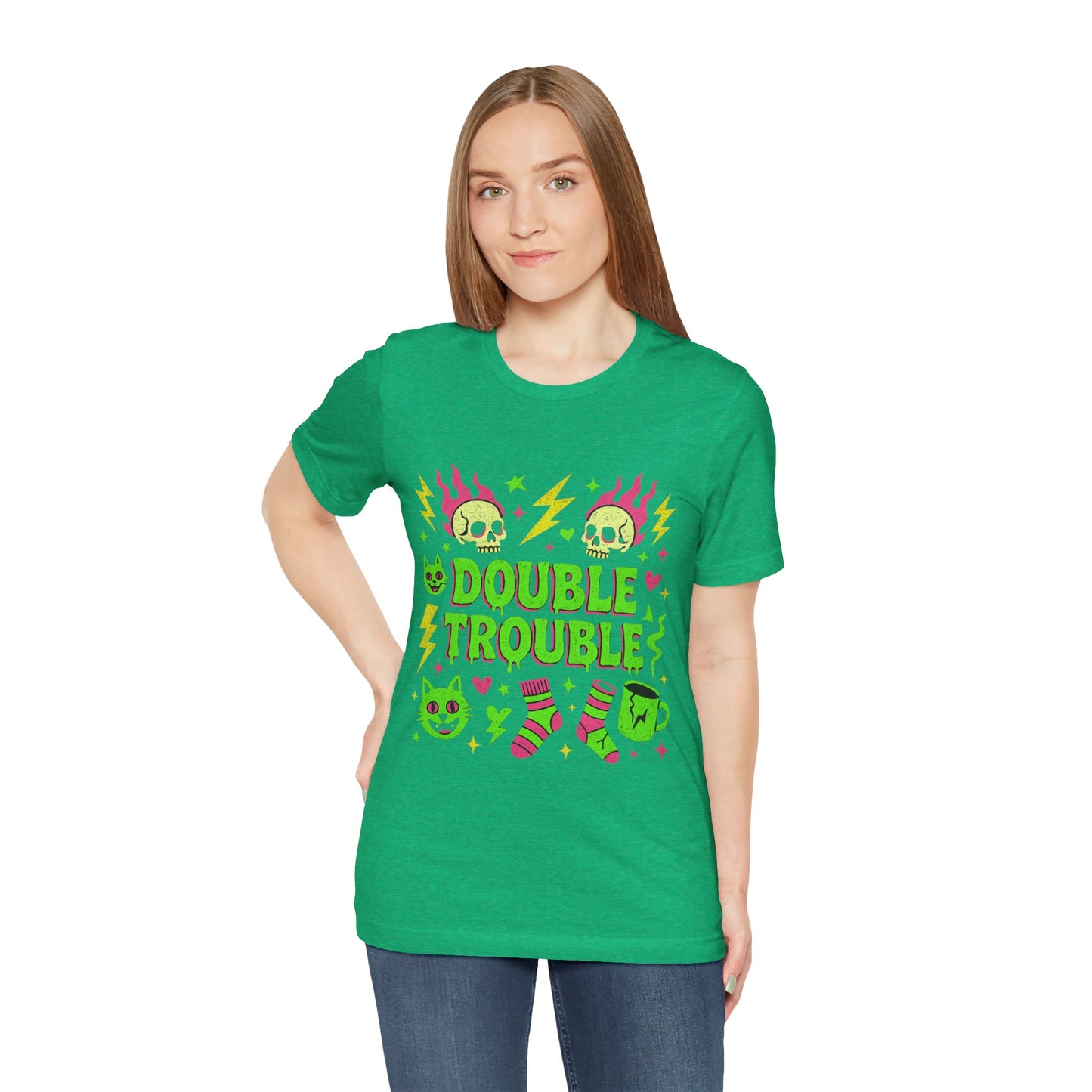 Double Trouble Graphic Tee, Unisex Jersey Tee, Casual T-Shirt, Fun Graphic Shirt, Gift for Friends, Birthday Gift, Halloween Shirt