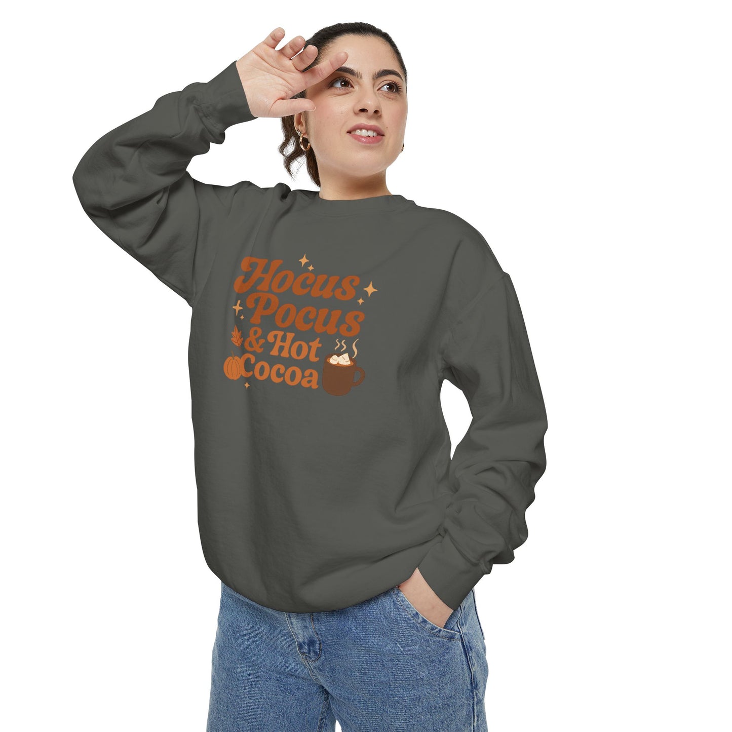 Hocus Pocus & Hot Cocoa Comfort Colors Sweatshirt, Cozy Fall Apparel, Halloween Gift, Unisex Fashion, Seasonal Comfort Wear, Relaxed Autumn Style