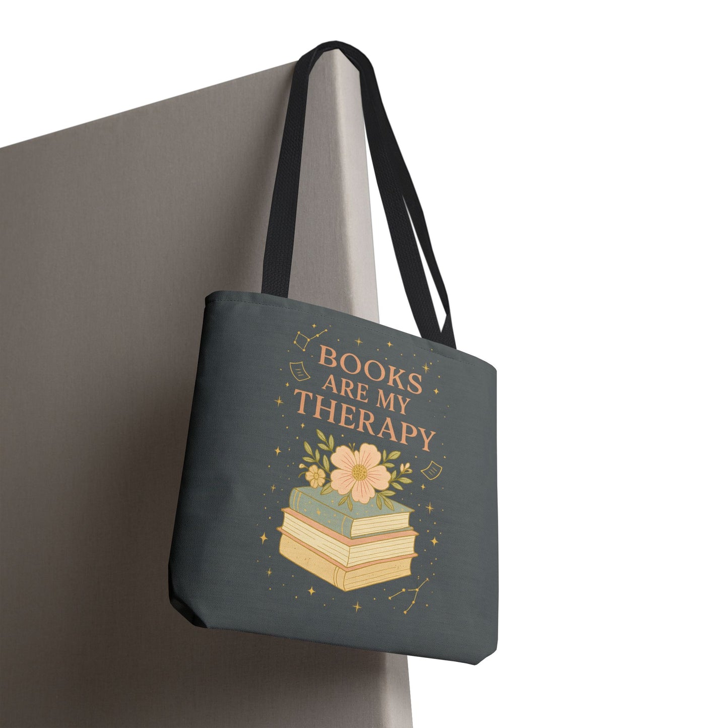 Books Are My Therapy Tote Bag | Book Lover Gift, Literary Tote, Reading Accessory, Floral Design, AOP Tote