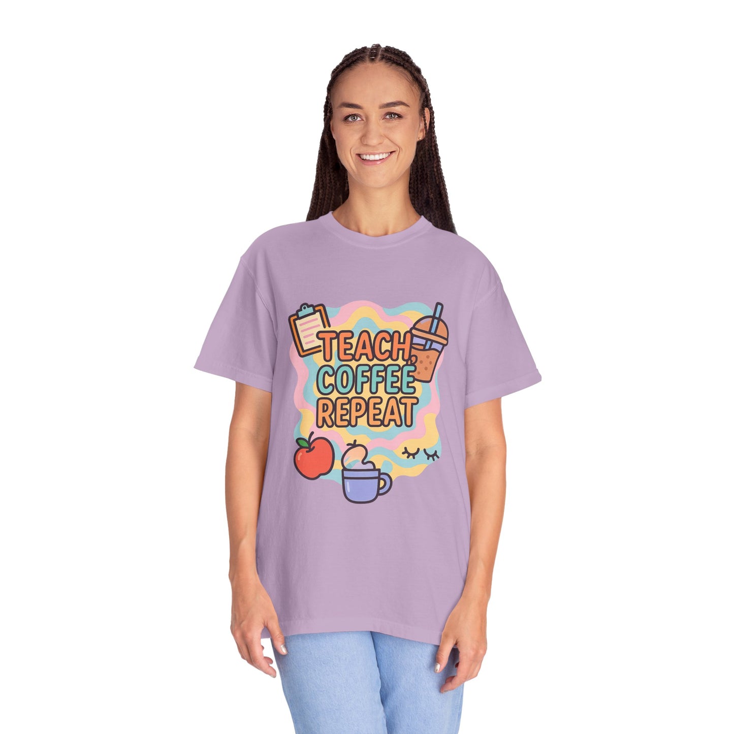 Teacher's Coffee Love Comfort Colors T-Shirt | Teach Coffee Repeat Tee, Teacher Gift, Cute Coffee Shirt, Classroom Apparel, Unisex Casual Wear