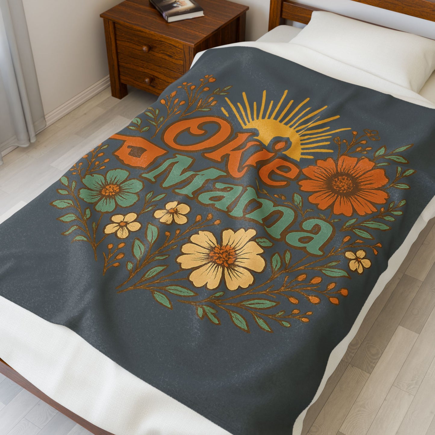 Okie Mama Velveteen Plush Blanket, Cozy Home Decor, Gift for Mom, Floral Throw, Comfortable Blanket