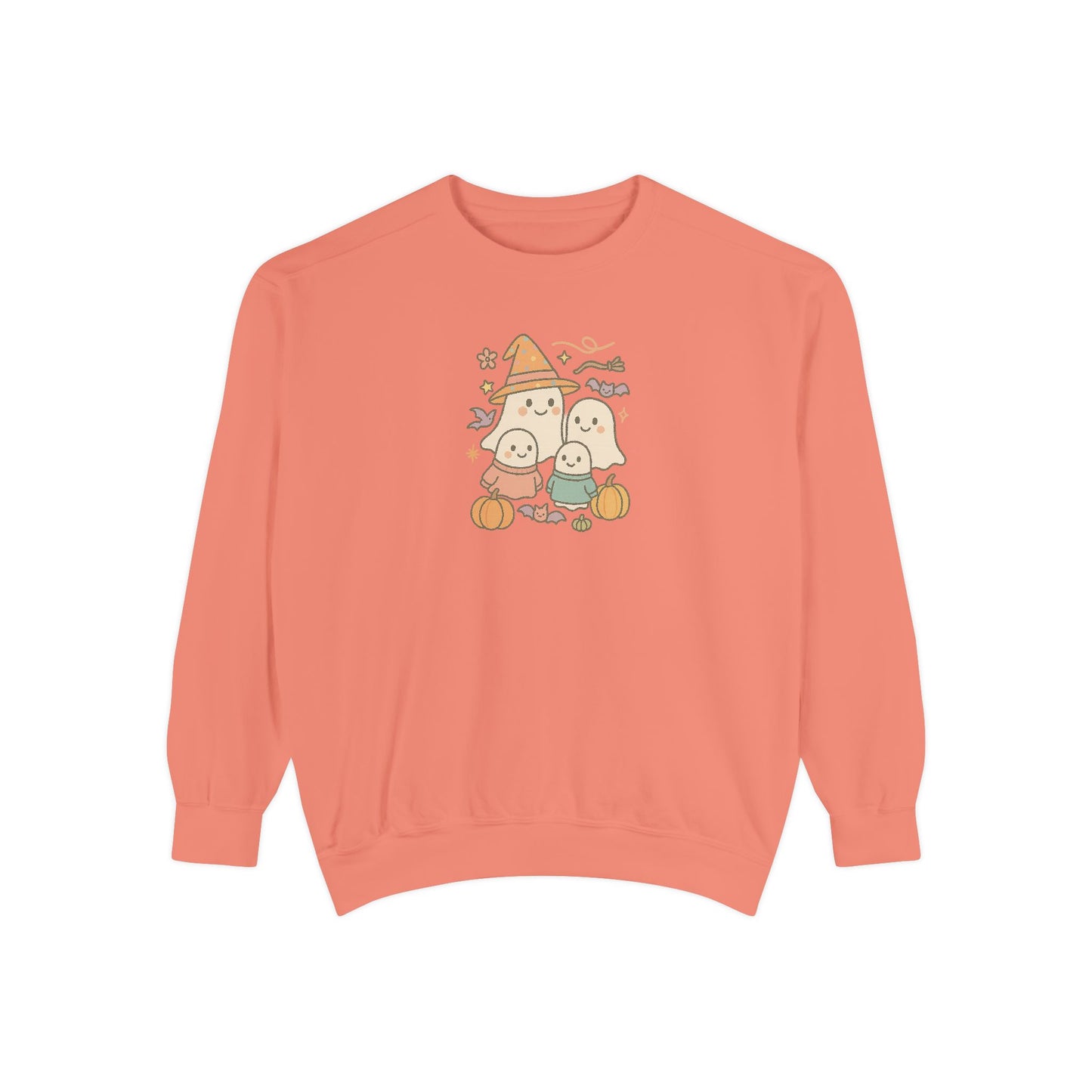Cute Ghost Family Comfort Colors Sweatshirt - Cute Ghosts & Pumpkins, Cozy Fall Apparel, Unisex Sweatshirt for Halloween Parties, Gifts, Seasonal Fashion