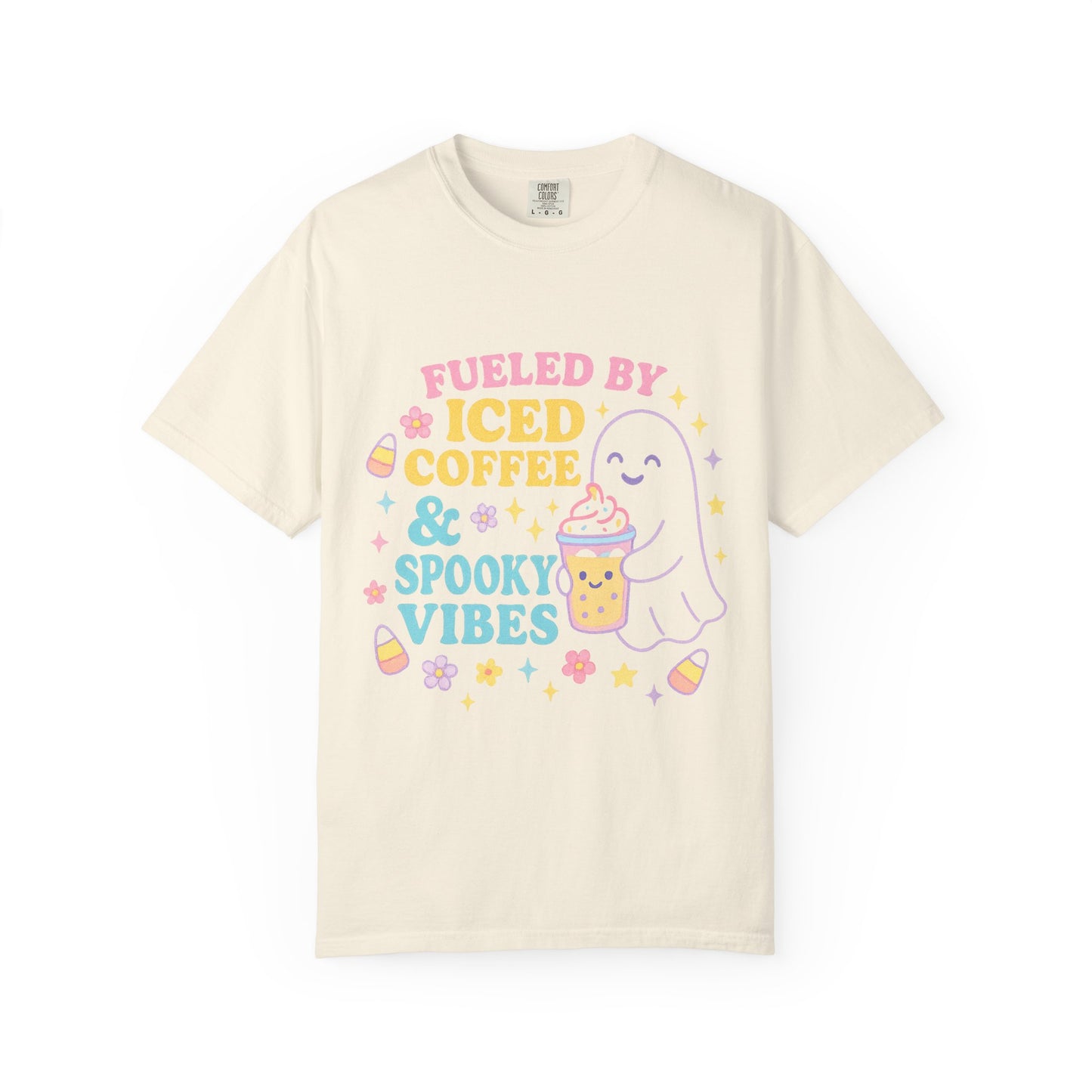 Iced Coffee & Spooky Vibes Comfort Colors T-shirt | Unisex Garment-Dyed Top, Cute Halloween Tee, Coffee Lover Gift, Fall Apparel, Casual Wear