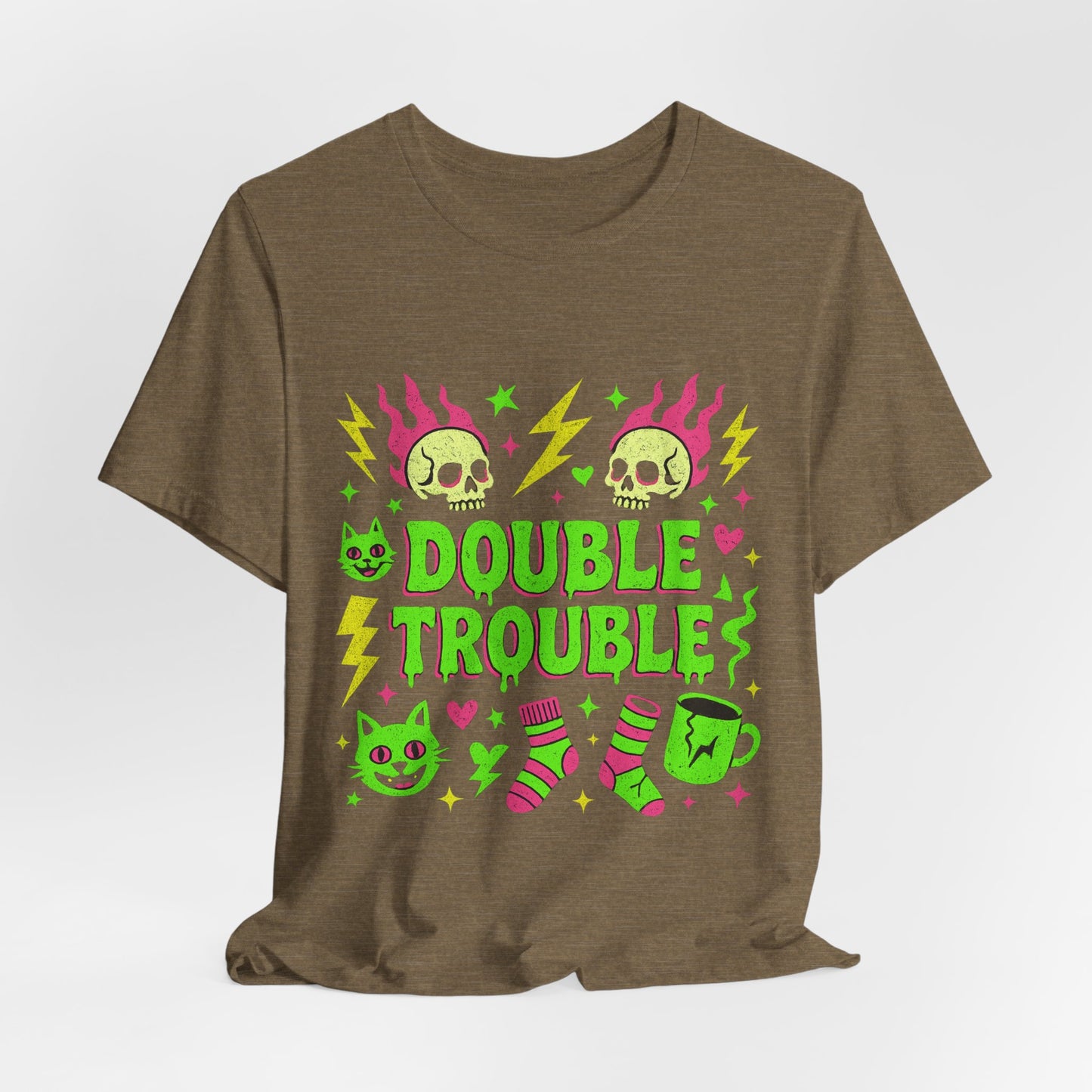Double Trouble Graphic Tee, Unisex Jersey Tee, Casual T-Shirt, Fun Graphic Shirt, Gift for Friends, Birthday Gift, Halloween Shirt