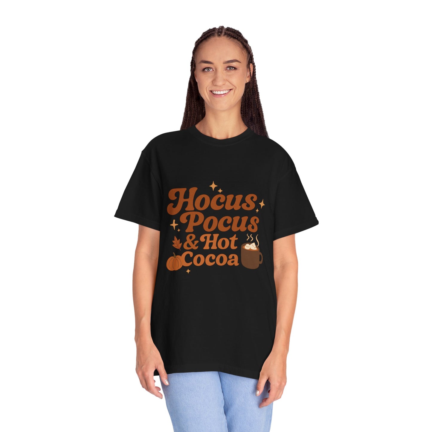 Hocus Pocus Comfort Colors T-Shirt: Hocus Pocus & Hot Cocoa Design | Autumn Apparel, Halloween Gift, Cozy Wear, Layering Top, Casual Tee