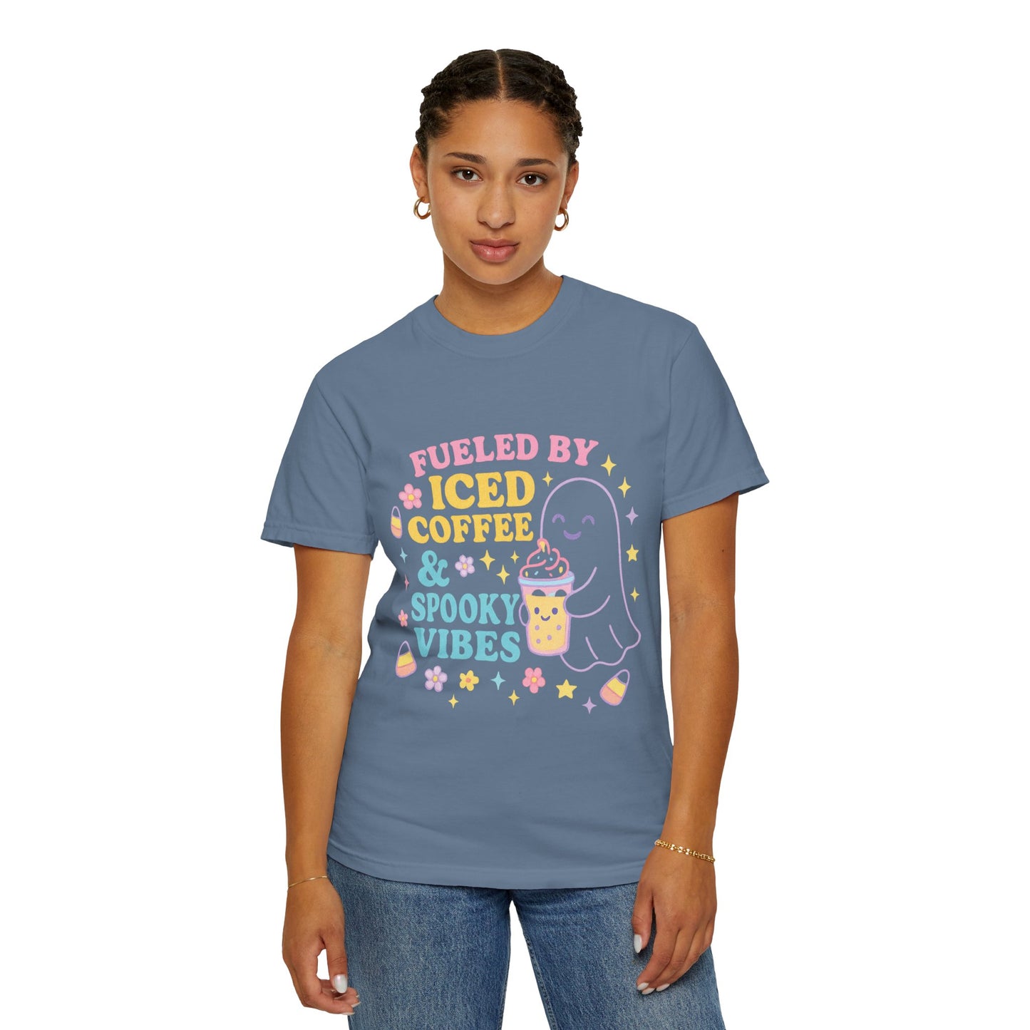 Iced Coffee & Spooky Vibes Comfort Colors T-shirt | Unisex Garment-Dyed Top, Cute Halloween Tee, Coffee Lover Gift, Fall Apparel, Casual Wear