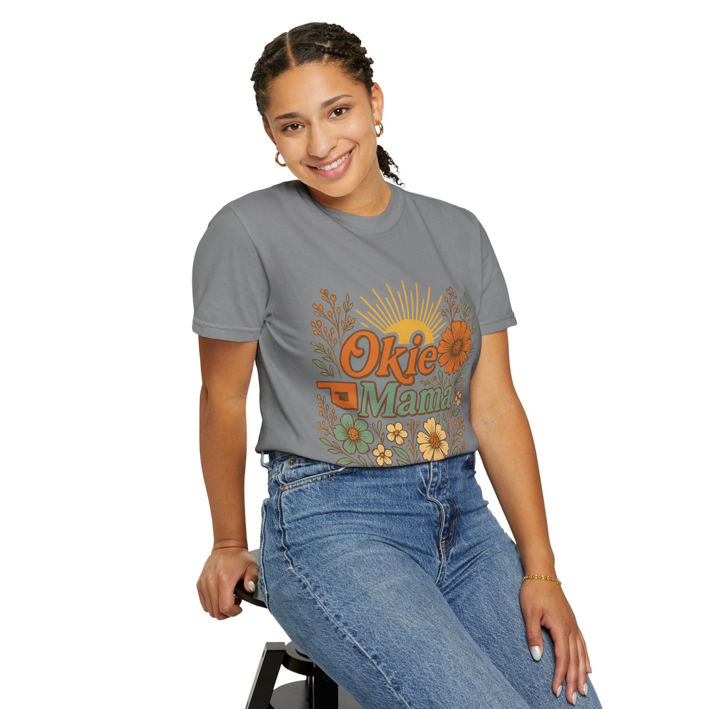 Okie Mama Garment-Dyed T-Shirt, Gift for Moms, Casual Wear, Summer Top, Mother’s Day Gift, Floral Design