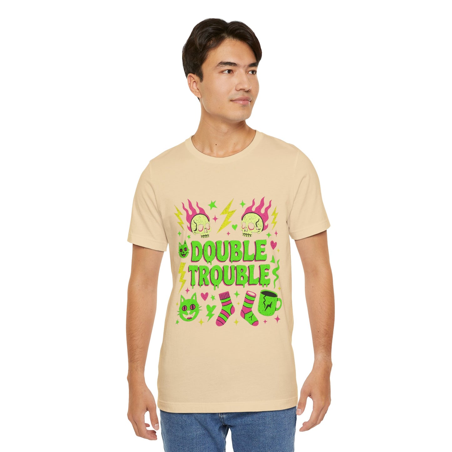 Double Trouble Graphic Tee, Unisex Jersey Tee, Casual T-Shirt, Fun Graphic Shirt, Gift for Friends, Birthday Gift, Halloween Shirt