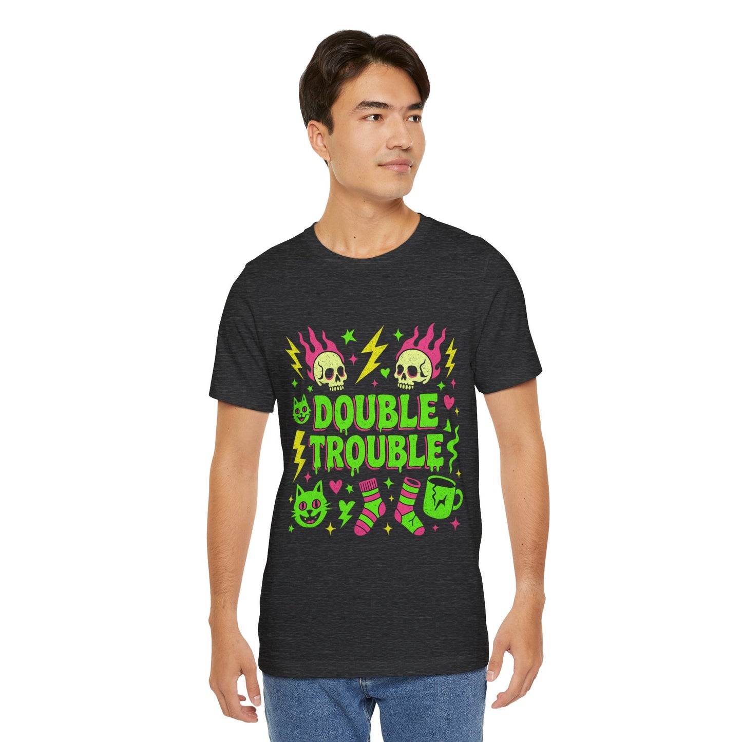 Double Trouble Graphic Tee, Unisex Jersey Tee, Casual T-Shirt, Fun Graphic Shirt, Gift for Friends, Birthday Gift, Halloween Shirt