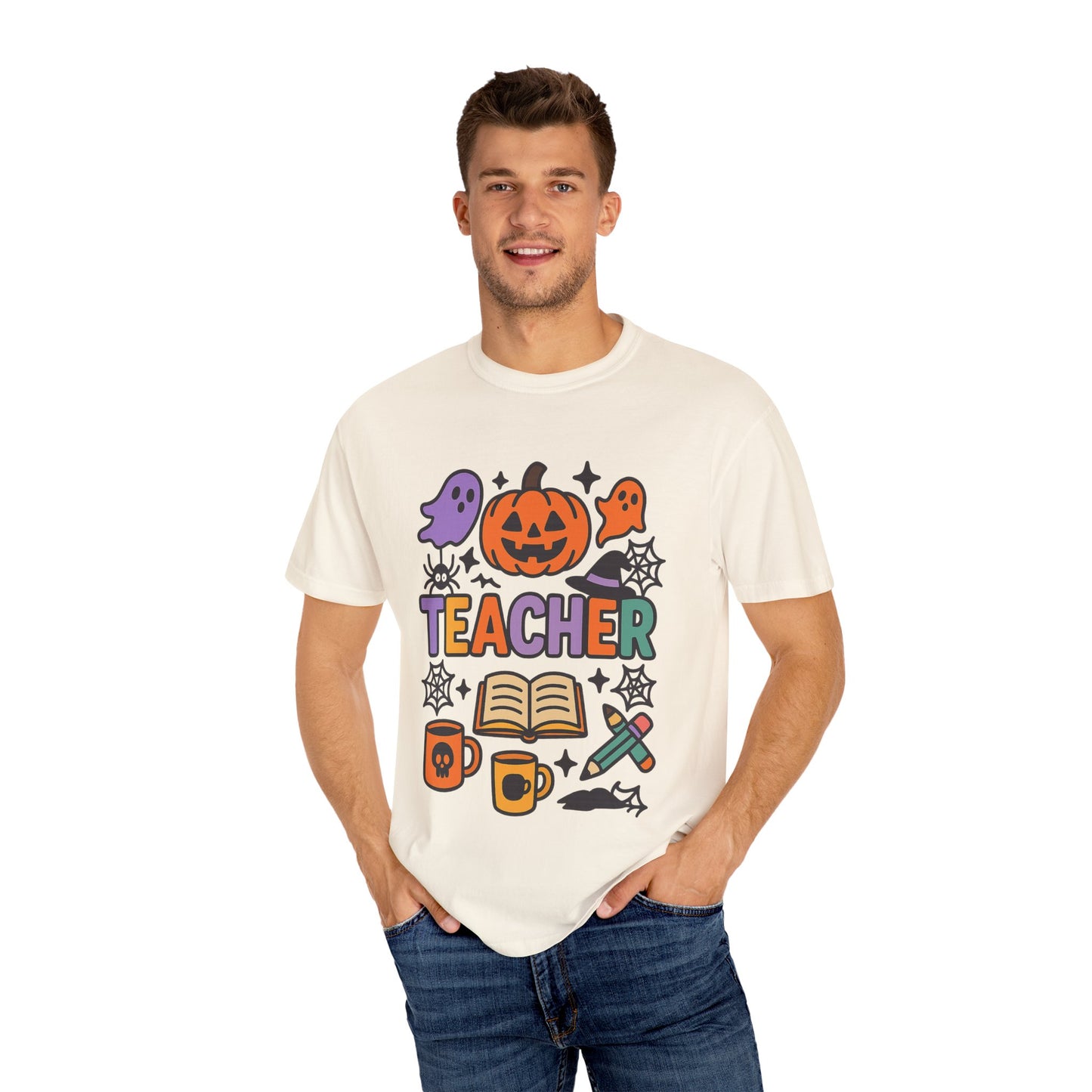 Unisex Halloween Teacher Comfort Colors T-Shirt, Spooky Apparel, Fall Season Outfit, Gift for Educators, Teacher's Day, Halloween Celebration