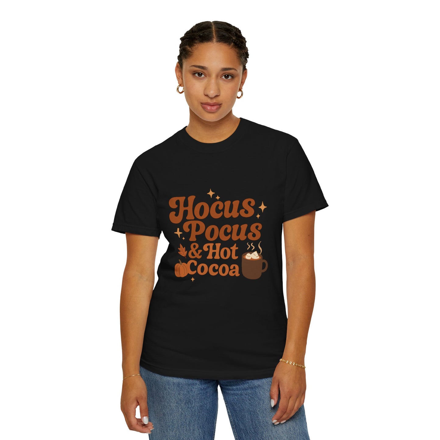 Hocus Pocus Comfort Colors T-Shirt: Hocus Pocus & Hot Cocoa Design | Autumn Apparel, Halloween Gift, Cozy Wear, Layering Top, Casual Tee