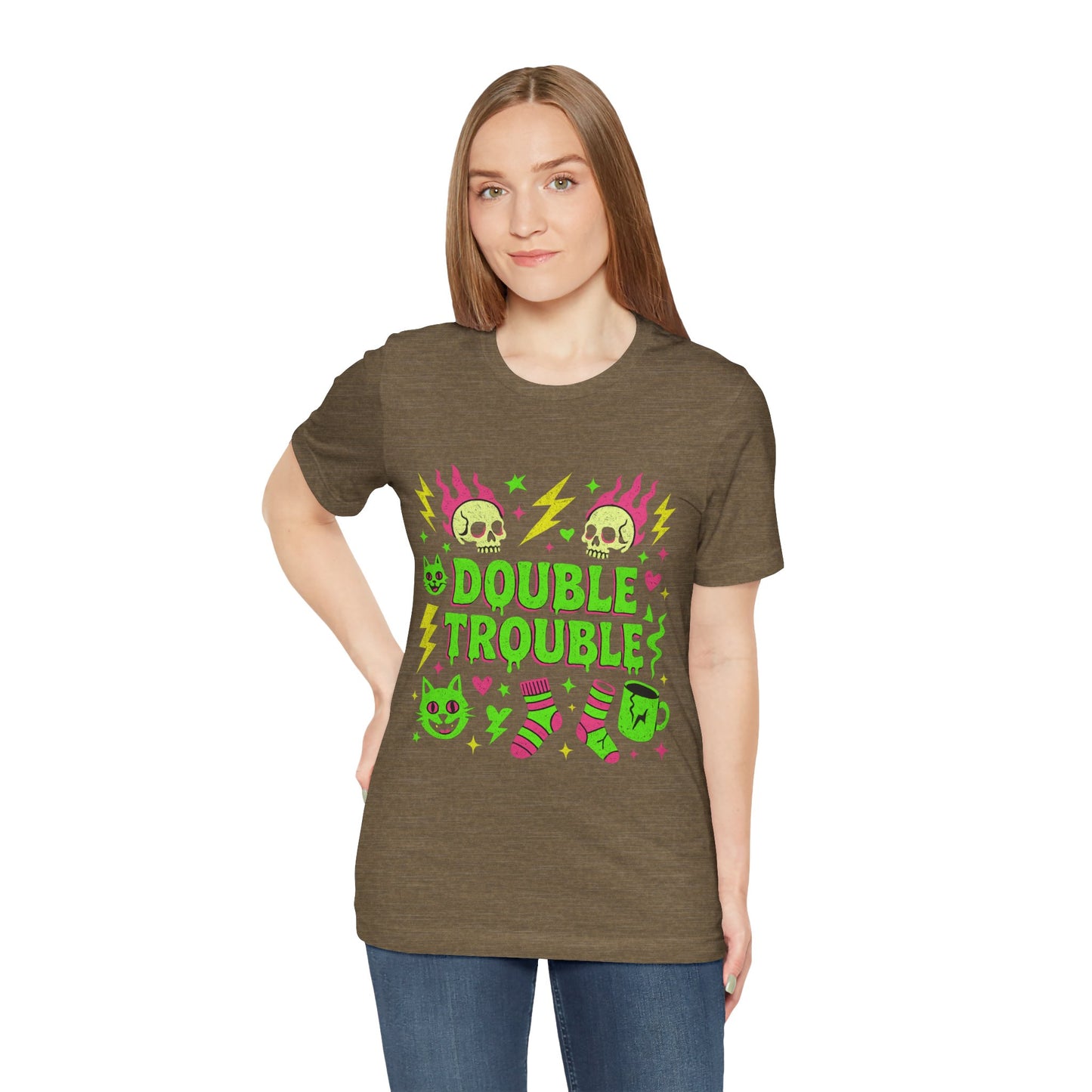 Double Trouble Graphic Tee, Unisex Jersey Tee, Casual T-Shirt, Fun Graphic Shirt, Gift for Friends, Birthday Gift, Halloween Shirt