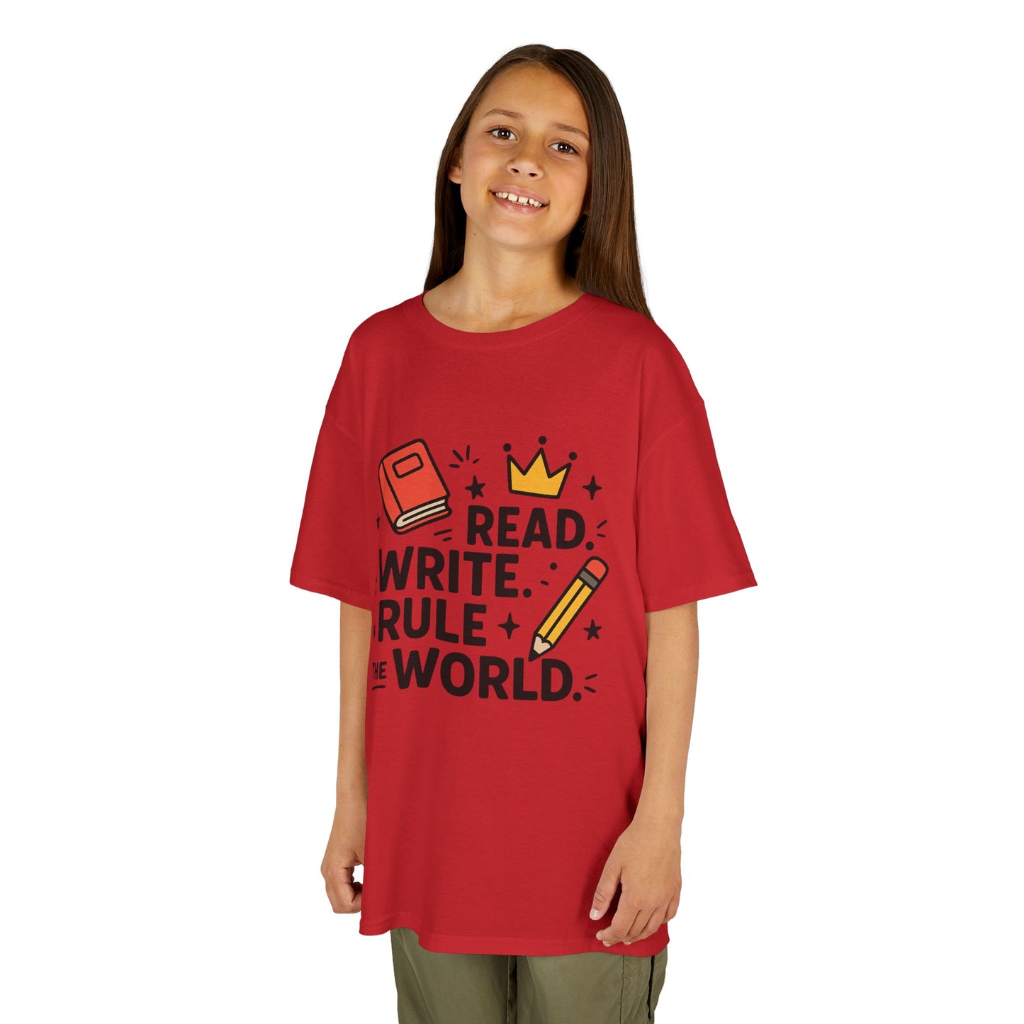 Kids Motivational Tee - Read, Write, Rule the World | Cool Kids T-Shirt, Gift for Young Readers, School Outfit, Literacy Celebration