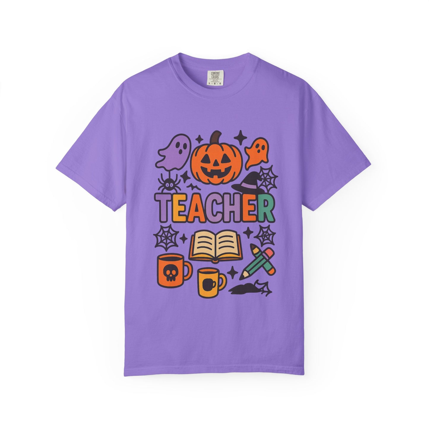 Unisex Halloween Teacher Comfort Colors T-Shirt, Spooky Apparel, Fall Season Outfit, Gift for Educators, Teacher's Day, Halloween Celebration