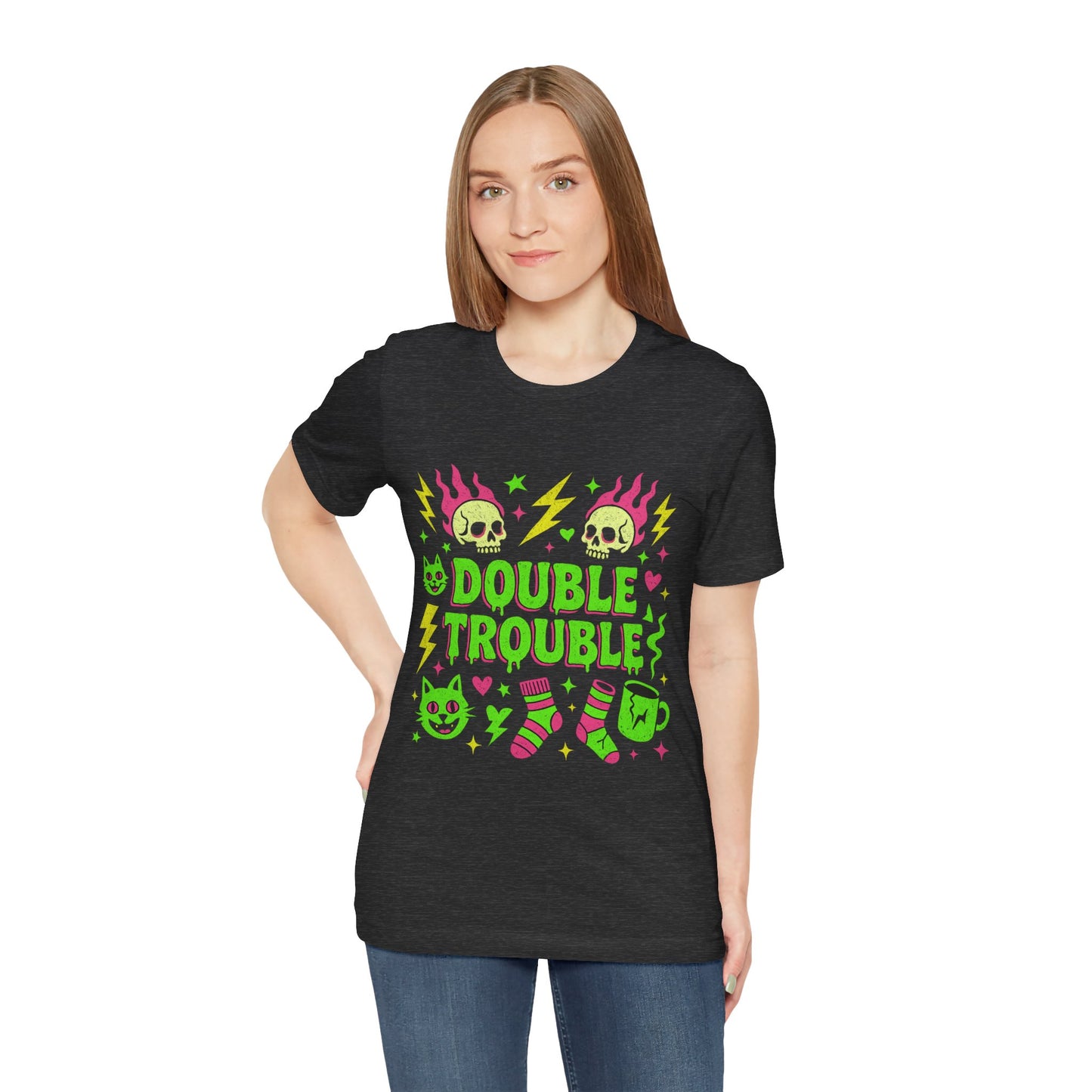 Double Trouble Graphic Tee, Unisex Jersey Tee, Casual T-Shirt, Fun Graphic Shirt, Gift for Friends, Birthday Gift, Halloween Shirt