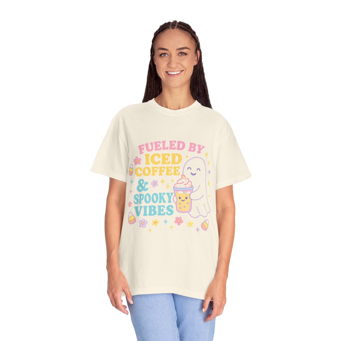 Iced Coffee & Spooky Vibes Comfort Colors T-shirt | Unisex Garment-Dyed Top, Cute Halloween Tee, Coffee Lover Gift, Fall Apparel, Casual Wear