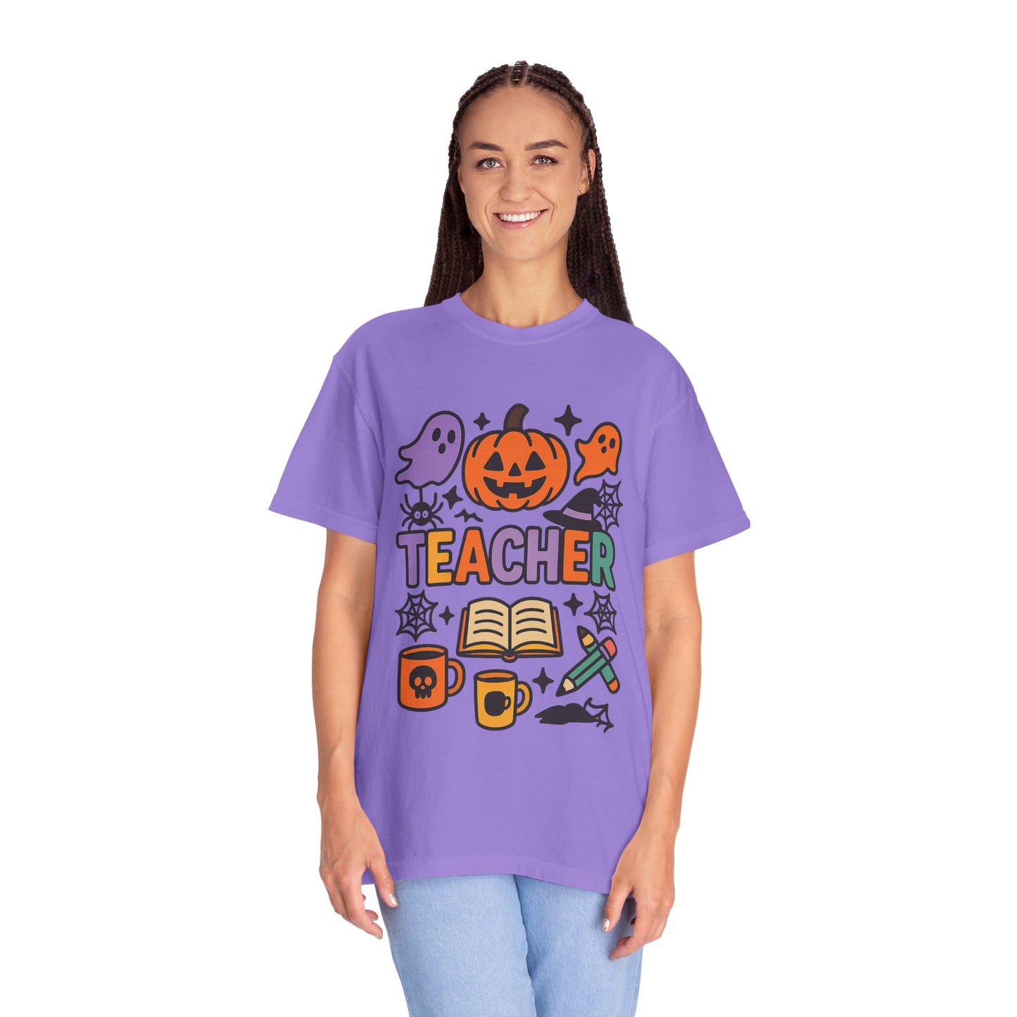 Unisex Halloween Teacher Comfort Colors T-Shirt, Spooky Apparel, Fall Season Outfit, Gift for Educators, Teacher's Day, Halloween Celebration