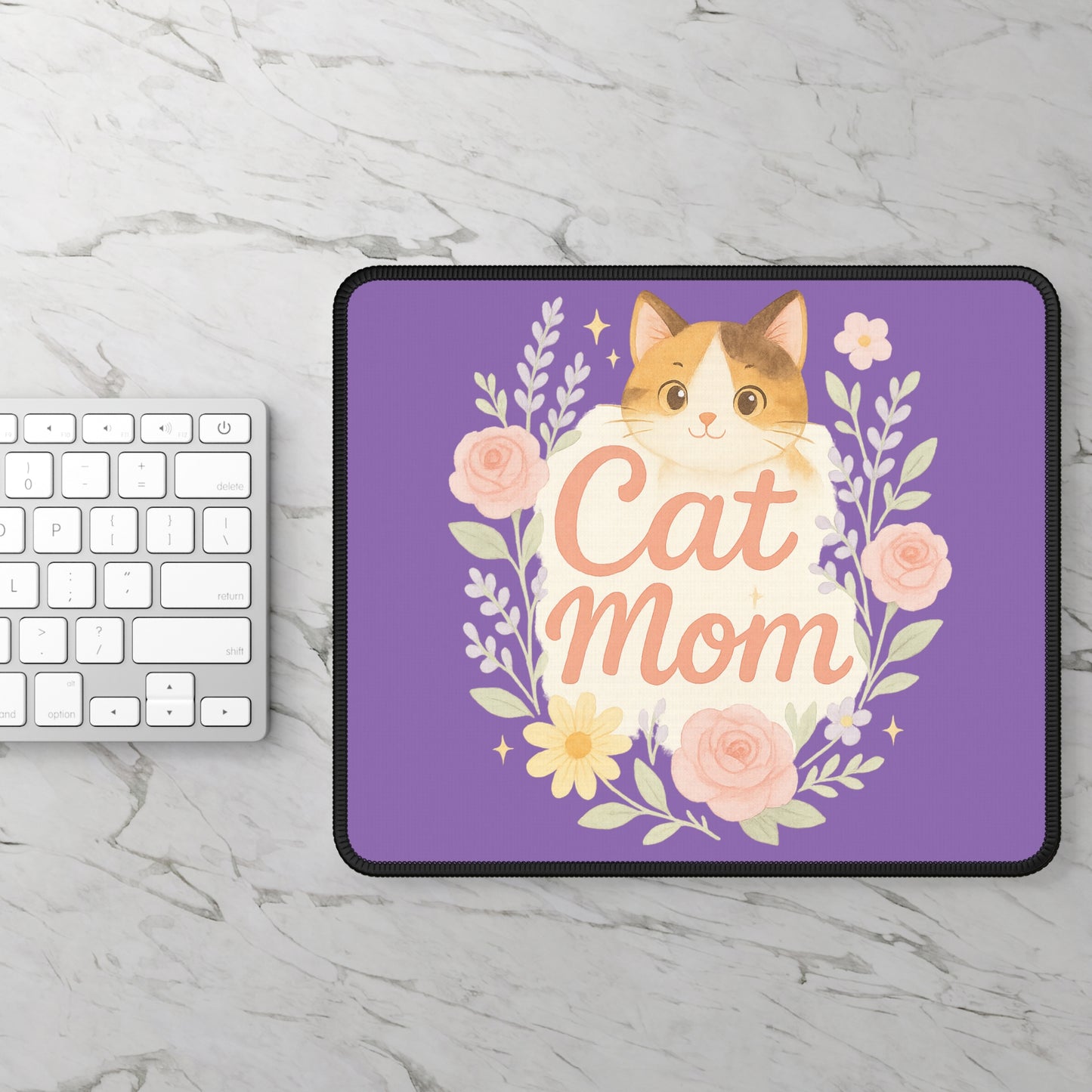 Cute Cat Mom Gaming Mouse Pad, Cat Lover Gift, Office Decor, Gamer Accessories, Pet Themed Decor, Purple Floral Design
