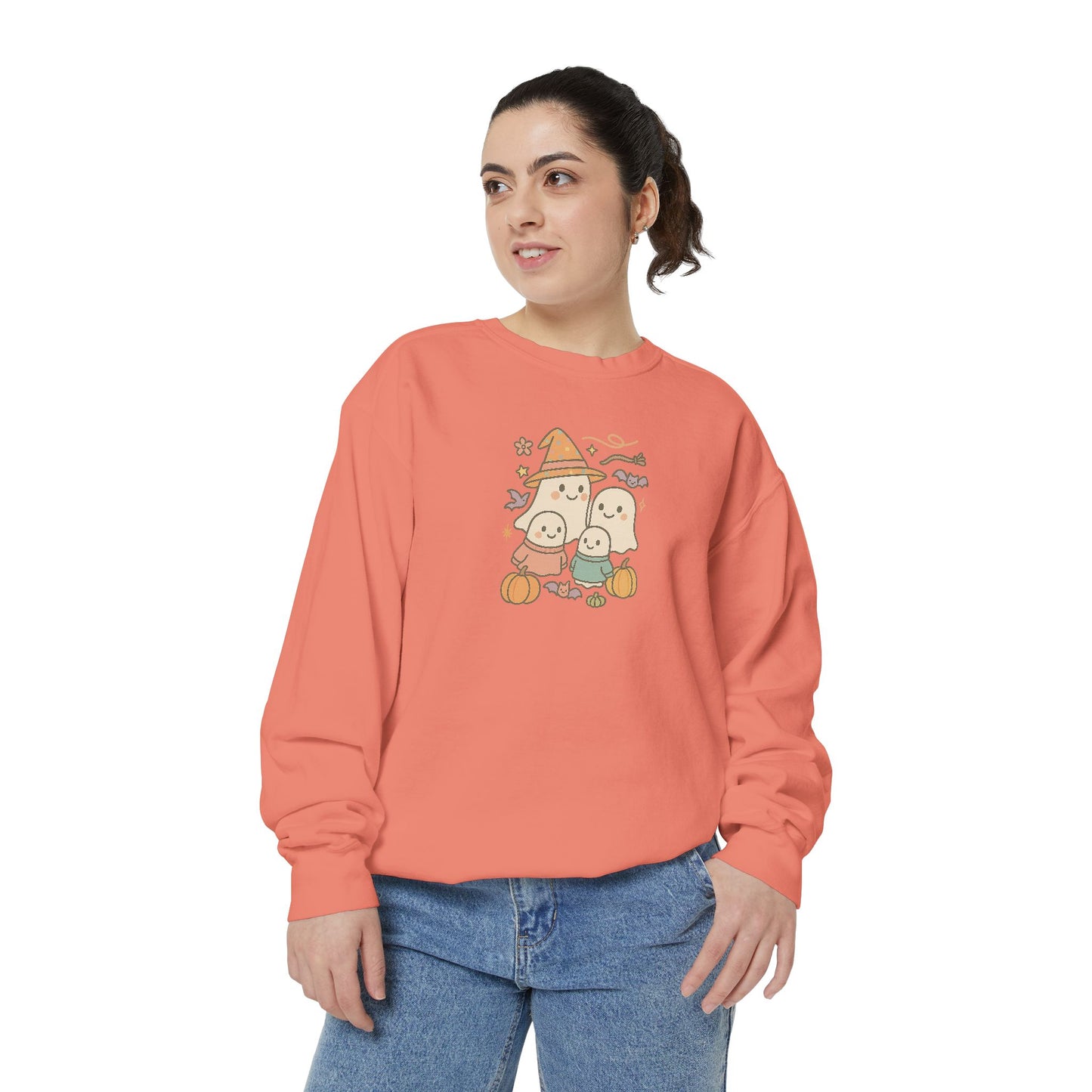 Cute Ghost Family Comfort Colors Sweatshirt - Cute Ghosts & Pumpkins, Cozy Fall Apparel, Unisex Sweatshirt for Halloween Parties, Gifts, Seasonal Fashion