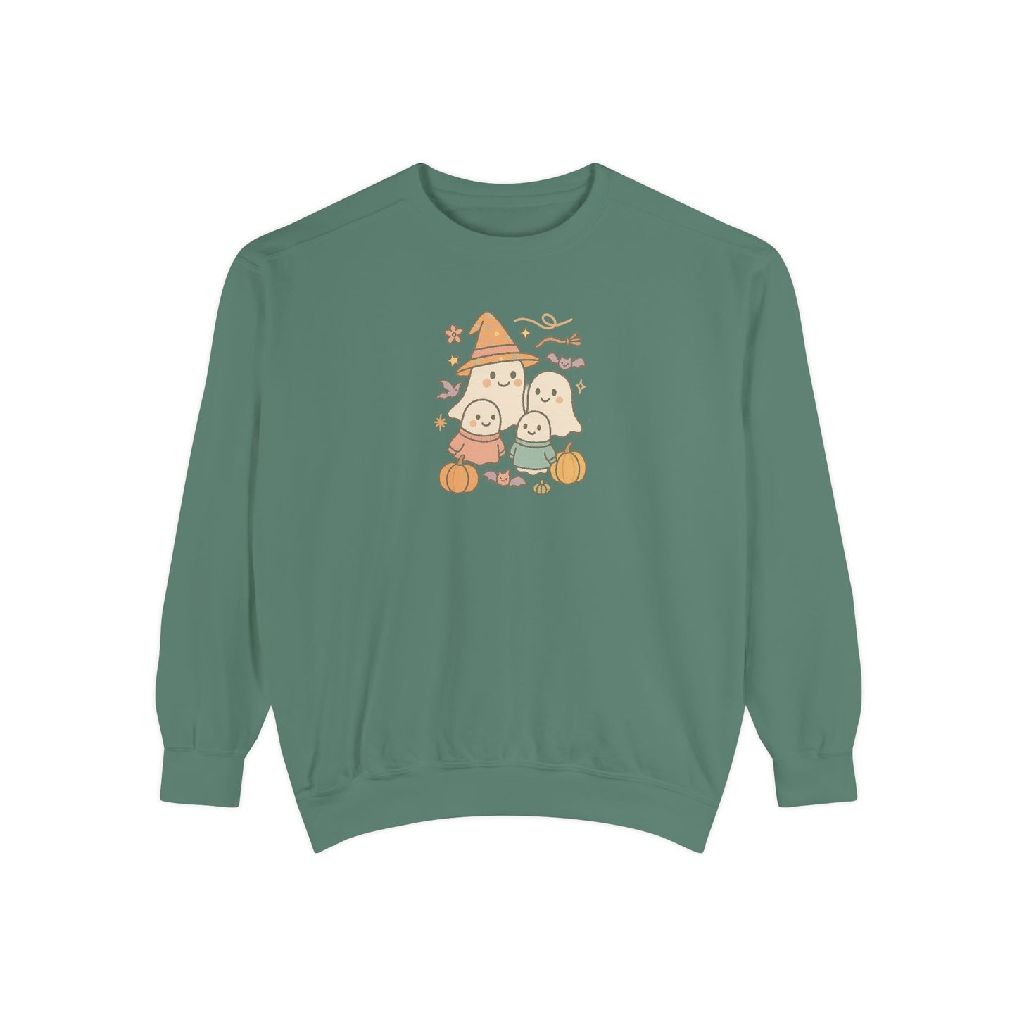 Cute Ghost Family Comfort Colors Sweatshirt - Cute Ghosts & Pumpkins, Cozy Fall Apparel, Unisex Sweatshirt for Halloween Parties, Gifts, Seasonal Fashion