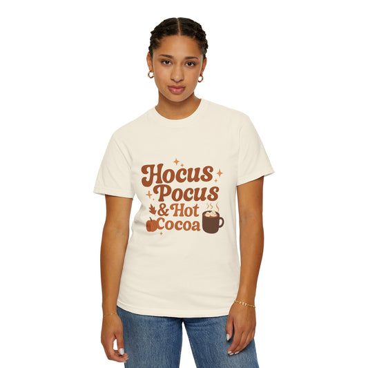 Hocus Pocus Comfort Colors T-Shirt: Hocus Pocus & Hot Cocoa Design | Autumn Apparel, Halloween Gift, Cozy Wear, Layering Top, Casual Tee