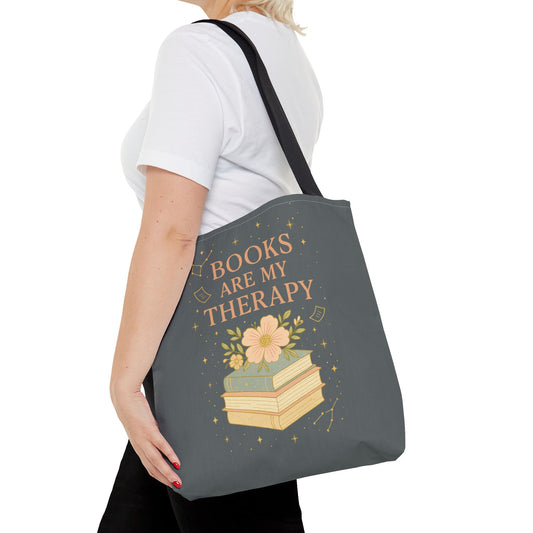 Books Are My Therapy Tote Bag | Book Lover Gift, Literary Tote, Reading Accessory, Floral Design, AOP Tote