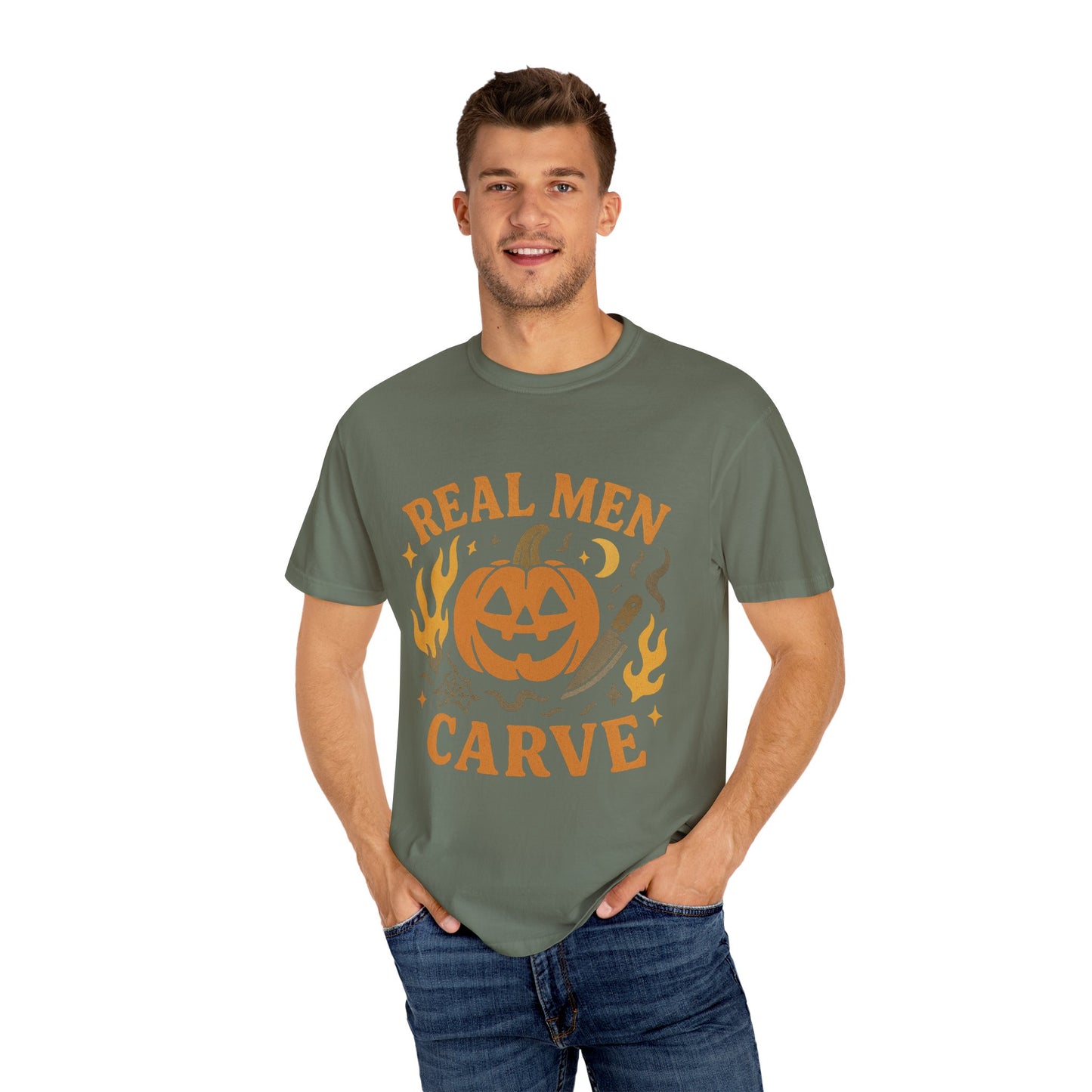 Halloween Unisex Comfort Colors T-Shirt, Real Men Carve Tee, Fall Clothing, Pumpkin Shirt, Spooky Season Apparel, Funny Gift for Him