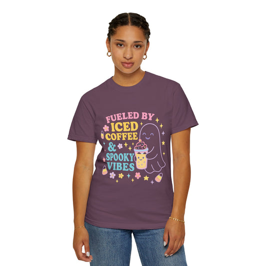 Iced Coffee & Spooky Vibes Comfort Colors T-shirt | Unisex Garment-Dyed Top, Cute Halloween Tee, Coffee Lover Gift, Fall Apparel, Casual Wear