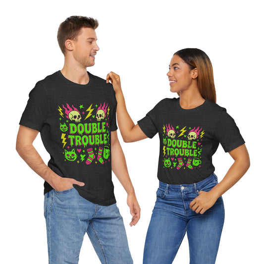 Double Trouble Graphic Tee, Unisex Jersey Tee, Casual T-Shirt, Fun Graphic Shirt, Gift for Friends, Birthday Gift, Halloween Shirt