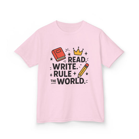 Kids Motivational Tee - Read, Write, Rule the World | Cool Kids T-Shirt, Gift for Young Readers, School Outfit, Literacy Celebration