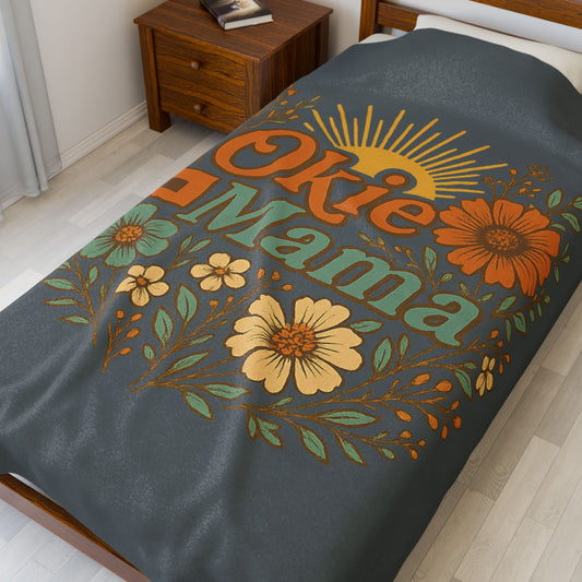 Okie Mama Velveteen Plush Blanket, Cozy Home Decor, Gift for Mom, Floral Throw, Comfortable Blanket