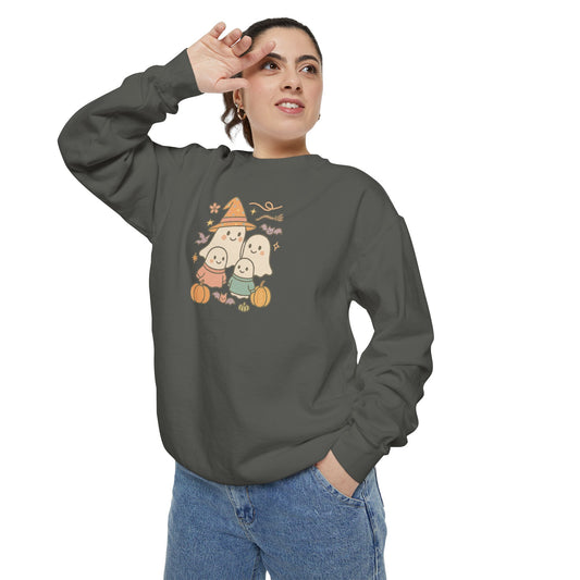 Cute Ghost Family Comfort Colors Sweatshirt - Cute Ghosts & Pumpkins, Cozy Fall Apparel, Unisex Sweatshirt for Halloween Parties, Gifts, Seasonal Fashion