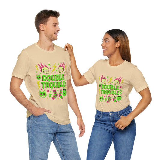Double Trouble Graphic Tee, Unisex Jersey Tee, Casual T-Shirt, Fun Graphic Shirt, Gift for Friends, Birthday Gift, Halloween Shirt