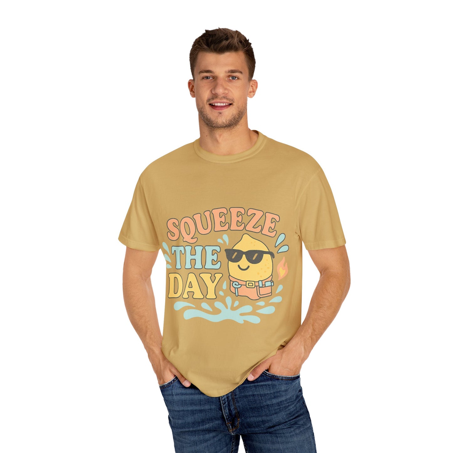 Squeeze The Day Unisex Garment-Dyed T-shirt, Funny Summer Shirt, Beachwear, Gift for Citrus Lovers, Cute Graphic Tee