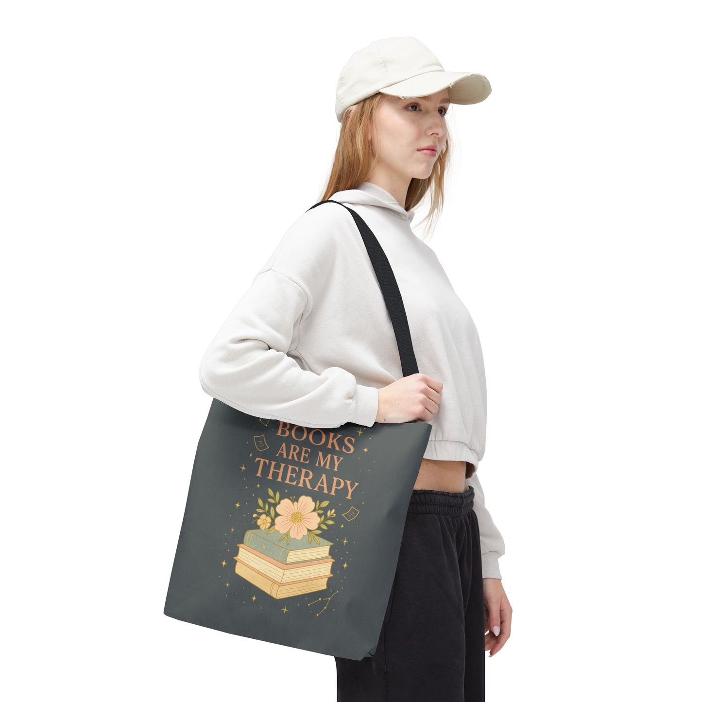 Books Are My Therapy Tote Bag | Book Lover Gift, Literary Tote, Reading Accessory, Floral Design, AOP Tote
