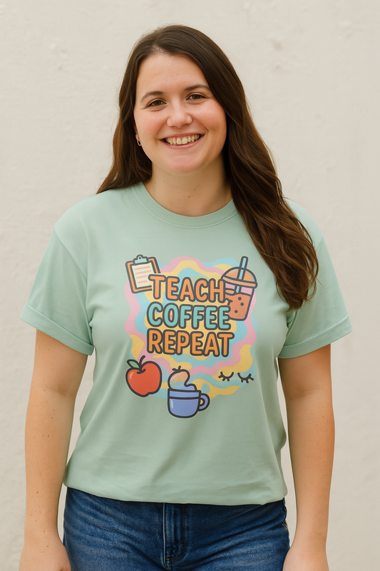 Teacher's Coffee Love Comfort Colors T-Shirt | Teach Coffee Repeat Tee, Teacher Gift, Cute Coffee Shirt, Classroom Apparel, Unisex Casual Wear