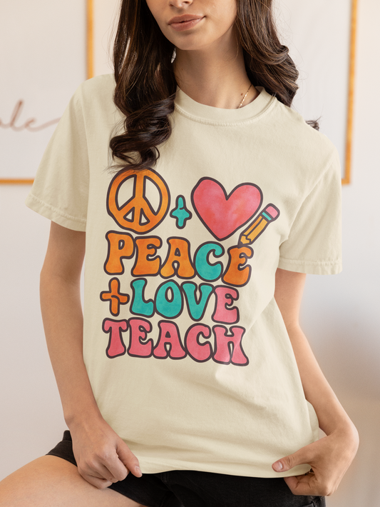 Colorful Peace & Love Teacher Comfort Colors T-Shirt | Unisex Garment-Dyed Tee for Educators | Perfect Gift for Teachers & Educator Appreciation